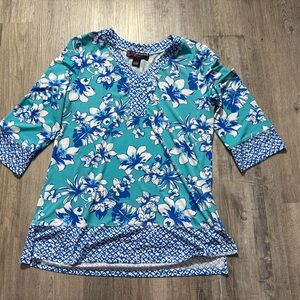 Peck & Peck Blue 3/4 Sleeve Floral Tunic